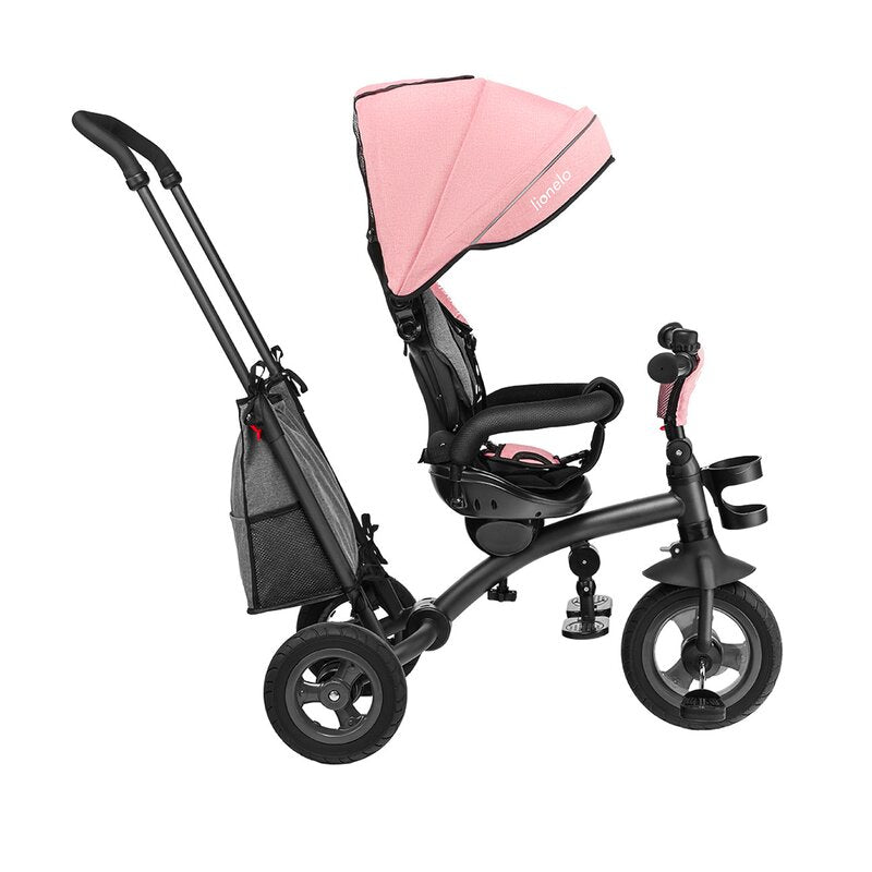 Tricicleta copii, Lionelo, Tris, Ultrapliabila, Multifunctionala. Mecanism de pedalare libera, Suport picioare, Control al directiei, Scaun reversibil, Rotire 360 grade, Conform cu standardul europeane de securitate EN71, Roz/Gri