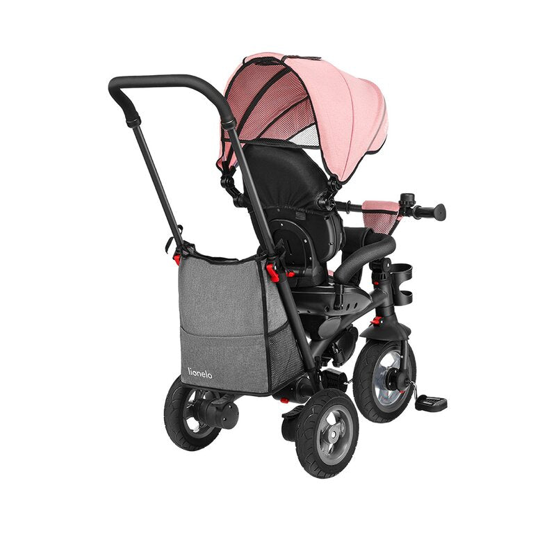 Tricicleta copii, Lionelo, Tris, Ultrapliabila, Multifunctionala. Mecanism de pedalare libera, Suport picioare, Control al directiei, Scaun reversibil, Rotire 360 grade, Conform cu standardul europeane de securitate EN71, Roz/Gri - gogobaby.ro