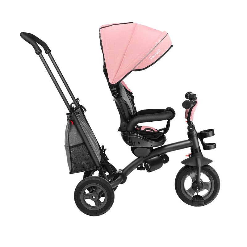 Tricicleta copii, Lionelo, Tris, Ultrapliabila, Multifunctionala. Mecanism de pedalare libera, Suport picioare, Control al directiei, Scaun reversibil, Rotire 360 grade, Conform cu standardul europeane de securitate EN71, Roz/Gri