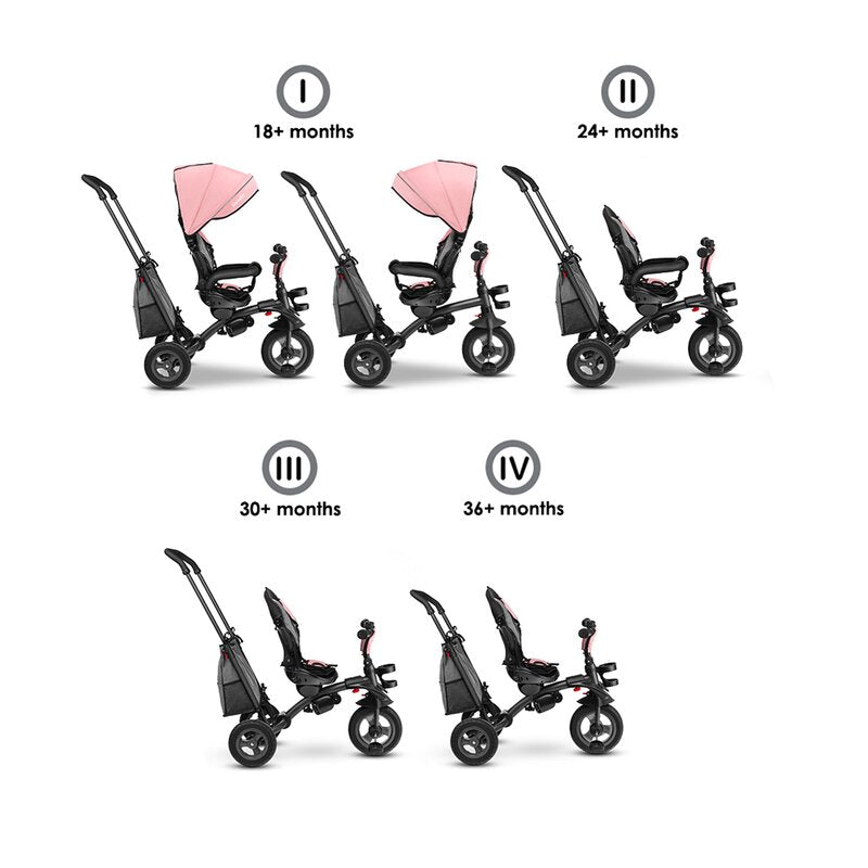 Tricicleta copii, Lionelo, Tris, Ultrapliabila, Multifunctionala. Mecanism de pedalare libera, Suport picioare, Control al directiei, Scaun reversibil, Rotire 360 grade, Conform cu standardul europeane de securitate EN71, Roz/Gri