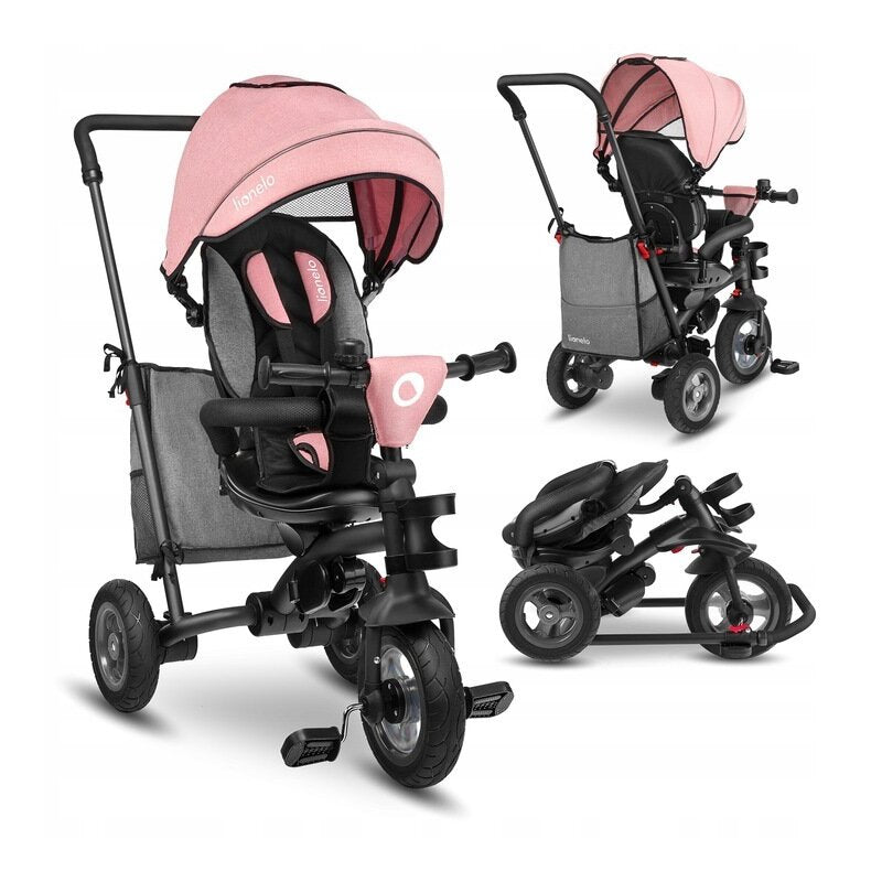 Tricicleta copii, Lionelo, Tris, Ultrapliabila, Multifunctionala. Mecanism de pedalare libera, Suport picioare, Control al directiei, Scaun reversibil, Rotire 360 grade, Conform cu standardul europeane de securitate EN71, Roz/Gri - gogobaby.ro