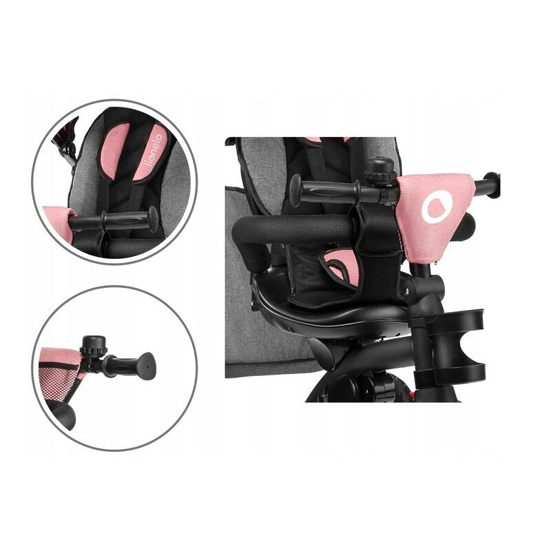 Tricicleta copii, Lionelo, Tris, Ultrapliabila, Multifunctionala. Mecanism de pedalare libera, Suport picioare, Control al directiei, Scaun reversibil, Rotire 360 grade, Conform cu standardul europeane de securitate EN71, Roz/Gri - gogobaby.ro