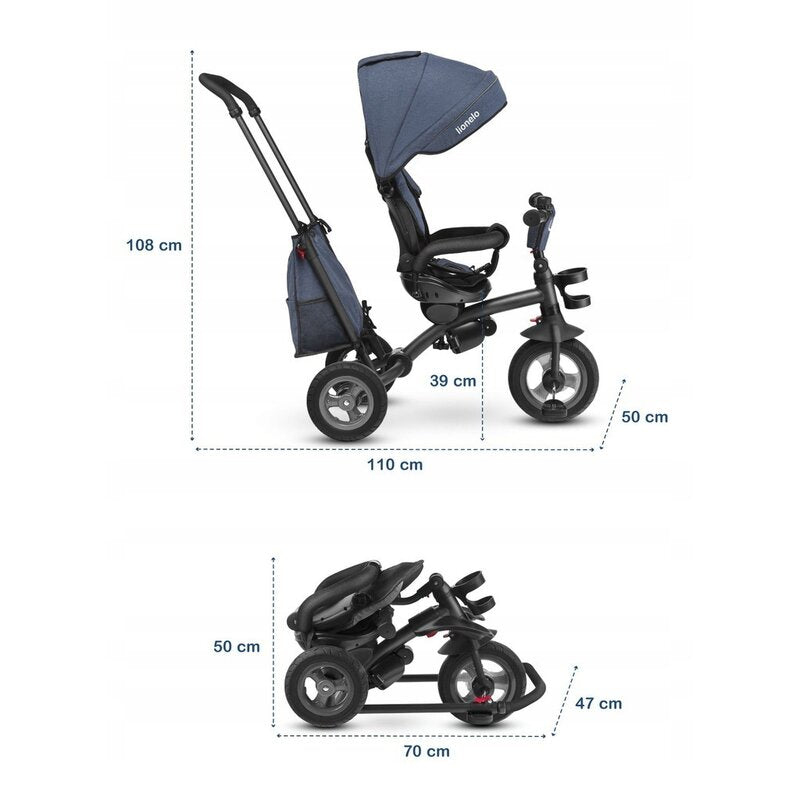 Tricicleta copii, Lionelo, Tris, Ultrapliabila, Multifunctionala, Mecanism de pedalare libera, Suport picioare, Control al directiei, Scaun reversibil, Rotire 360 grade, Conform cu standardul europeane de securitate EN71, Albastru - gogobaby.ro