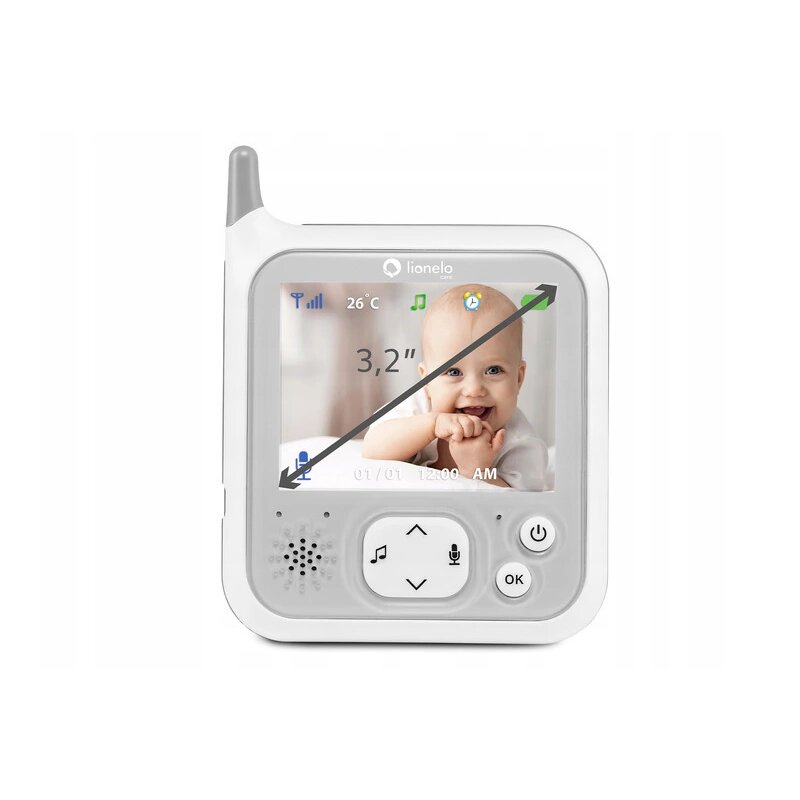 Videofon, Lionelo, Babyline 7.1, Cu melodii, Cu lampa inclusa, Pana la 40 h fara incarcare, Ecran 3.2 inch, Alb - gogobaby.ro