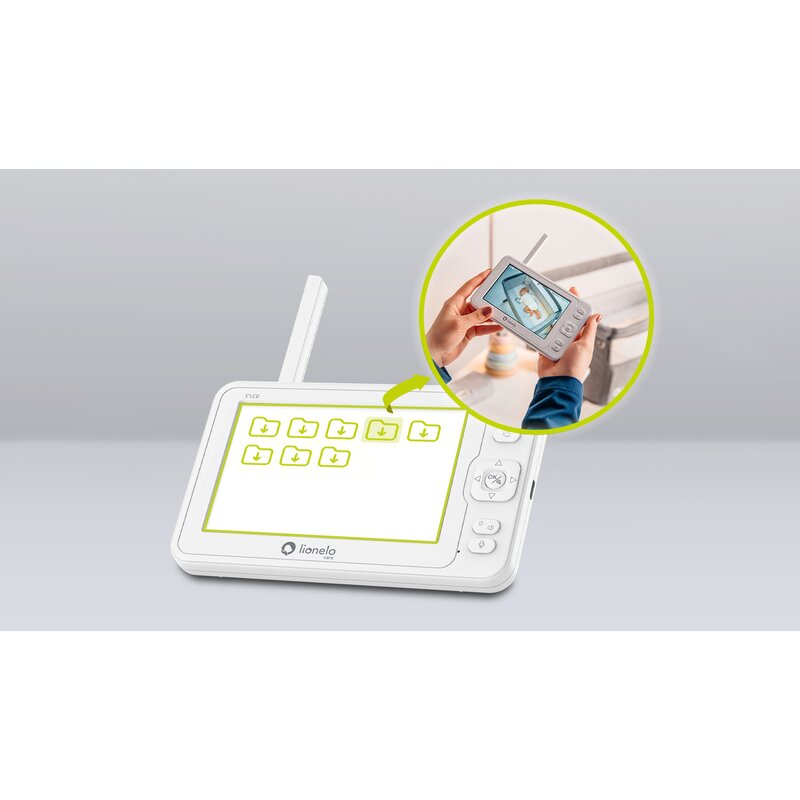 Videofon, Lionelo, Babyline 8.3, Cu termometru, Cu melodii, Comunicare in 2 sensuri, Rotire 360 grade, Alb - gogobaby.ro
