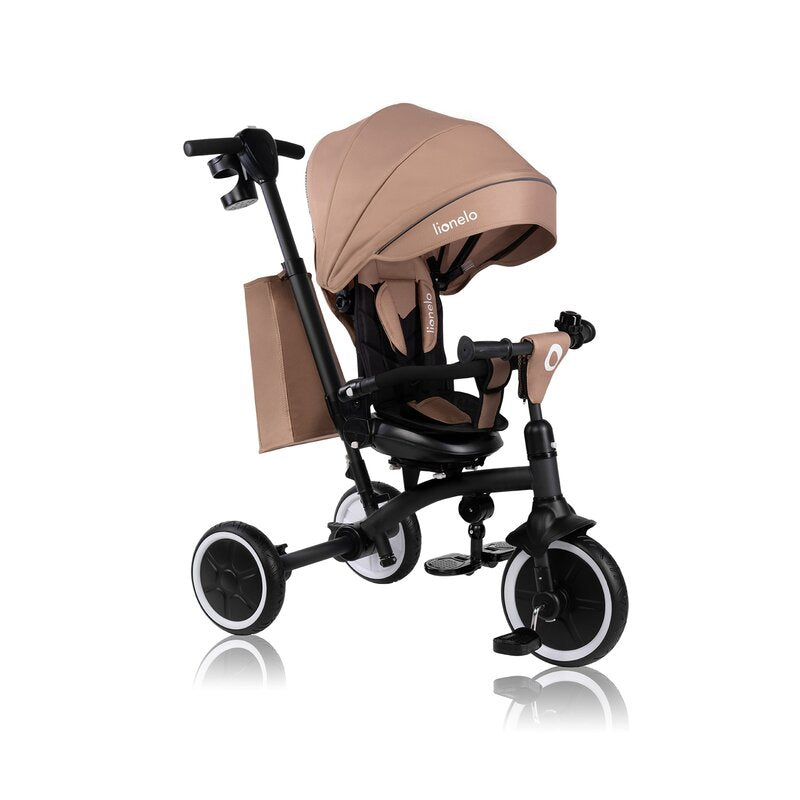 Tricicleta copii, Lionelo, Tris Plus, Ultrapliabila, Multifunctionala, Pana la 25 kg, Inclinare spatar in fata si in spate, Suport picioare, Control al directiei, Scaun reversibil, Rotire 360 grade, Conform cu EN71, 9 luni-5 ani, Bej - gogobaby.ro