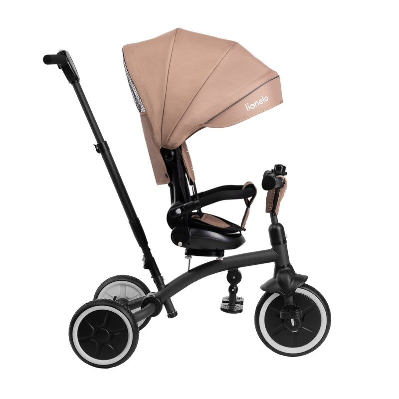 Tricicleta copii, Lionelo, Tris Plus, Ultrapliabila, Multifunctionala, Pana la 25 kg, Inclinare spatar in fata si in spate, Suport picioare, Control al directiei, Scaun reversibil, Rotire 360 grade, Conform cu EN71, 9 luni-5 ani, Bej - gogobaby.ro