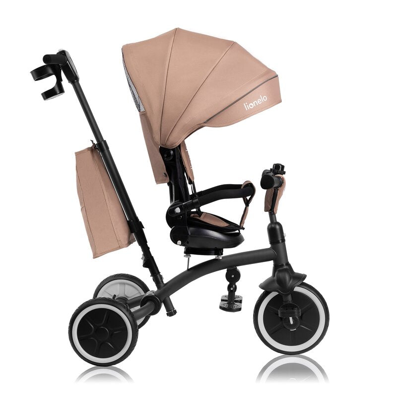 Tricicleta copii, Lionelo, Tris Plus, Ultrapliabila, Multifunctionala, Pana la 25 kg, Inclinare spatar in fata si in spate, Suport picioare, Control al directiei, Scaun reversibil, Rotire 360 grade, Conform cu EN71, 9 luni-5 ani, Bej - gogobaby.ro