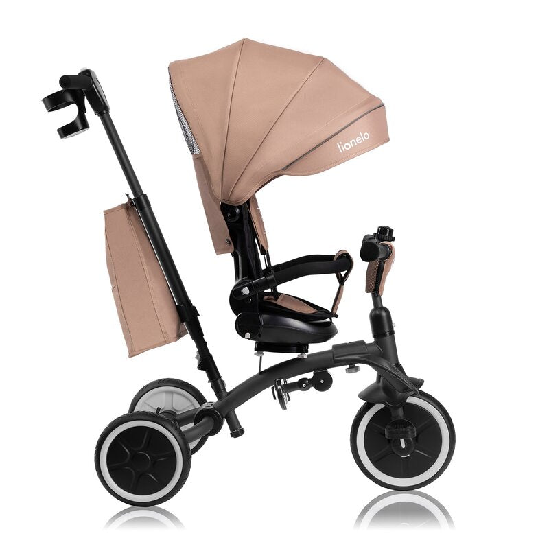 Tricicleta copii, Lionelo, Tris Plus, Ultrapliabila, Multifunctionala, Pana la 25 kg, Inclinare spatar in fata si in spate, Suport picioare, Control al directiei, Scaun reversibil, Rotire 360 grade, Conform cu EN71, 9 luni-5 ani, Bej - gogobaby.ro