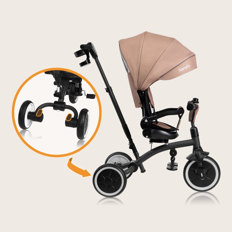 Tricicleta copii, Lionelo, Tris Plus, Ultrapliabila, Multifunctionala, Pana la 25 kg, Inclinare spatar in fata si in spate, Suport picioare, Control al directiei, Scaun reversibil, Rotire 360 grade, Conform cu EN71, 9 luni-5 ani, Bej - gogobaby.ro
