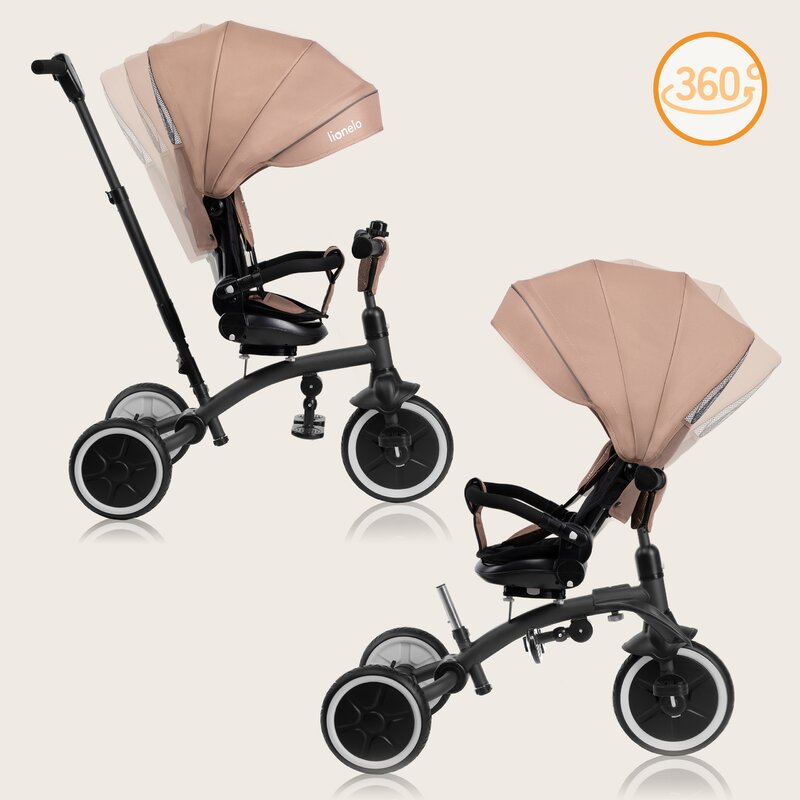 Tricicleta copii, Lionelo, Tris Plus, Ultrapliabila, Multifunctionala, Pana la 25 kg, Inclinare spatar in fata si in spate, Suport picioare, Control al directiei, Scaun reversibil, Rotire 360 grade, Conform cu EN71, 9 luni-5 ani, Bej - gogobaby.ro