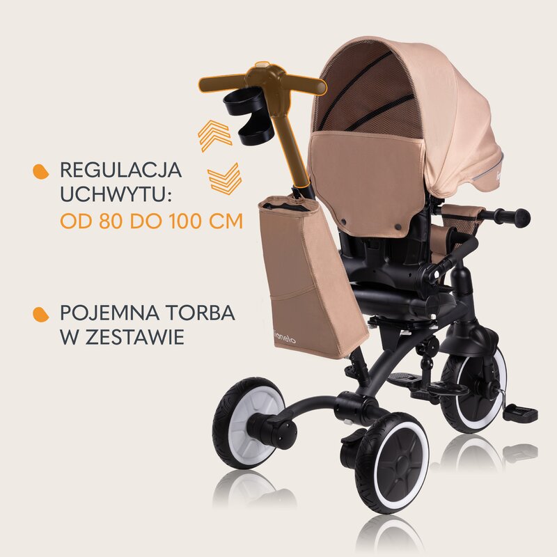 Tricicleta copii, Lionelo, Tris Plus, Ultrapliabila, Multifunctionala, Pana la 25 kg, Inclinare spatar in fata si in spate, Suport picioare, Control al directiei, Scaun reversibil, Rotire 360 grade, Conform cu EN71, 9 luni-5 ani, Bej - gogobaby.ro