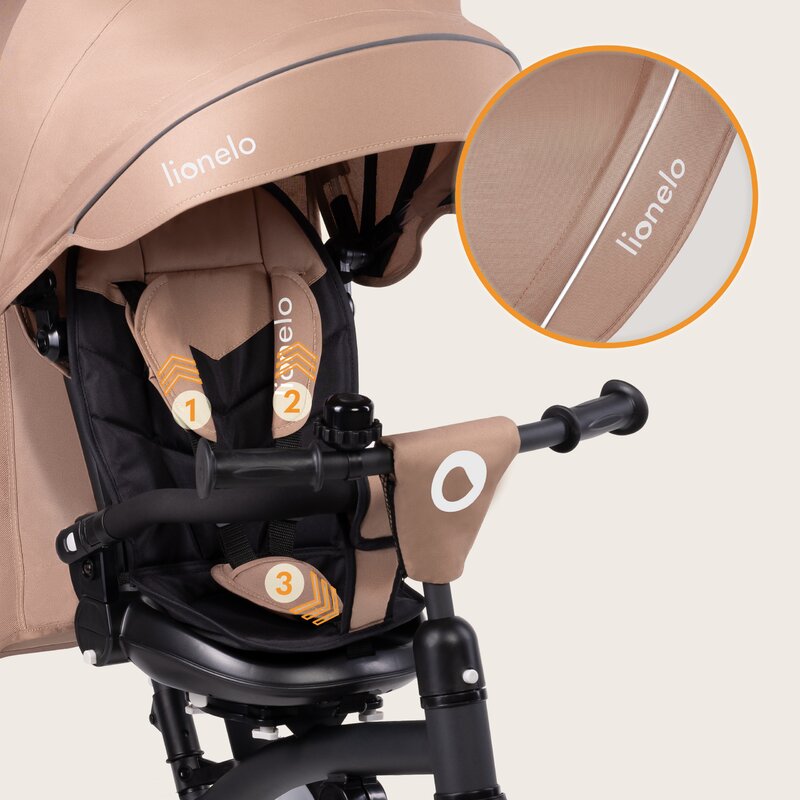 Tricicleta copii, Lionelo, Tris Plus, Ultrapliabila, Multifunctionala, Pana la 25 kg, Inclinare spatar in fata si in spate, Suport picioare, Control al directiei, Scaun reversibil, Rotire 360 grade, Conform cu EN71, 9 luni-5 ani, Bej - gogobaby.ro