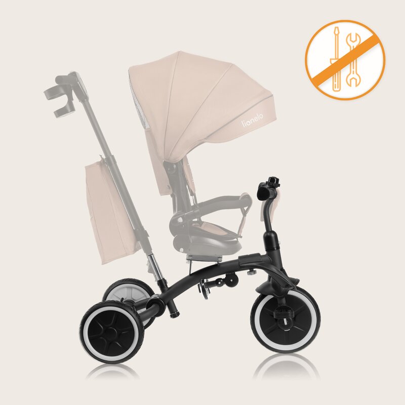 Tricicleta copii, Lionelo, Tris Plus, Ultrapliabila, Multifunctionala, Pana la 25 kg, Inclinare spatar in fata si in spate, Suport picioare, Control al directiei, Scaun reversibil, Rotire 360 grade, Conform cu EN71, 9 luni-5 ani, Bej - gogobaby.ro