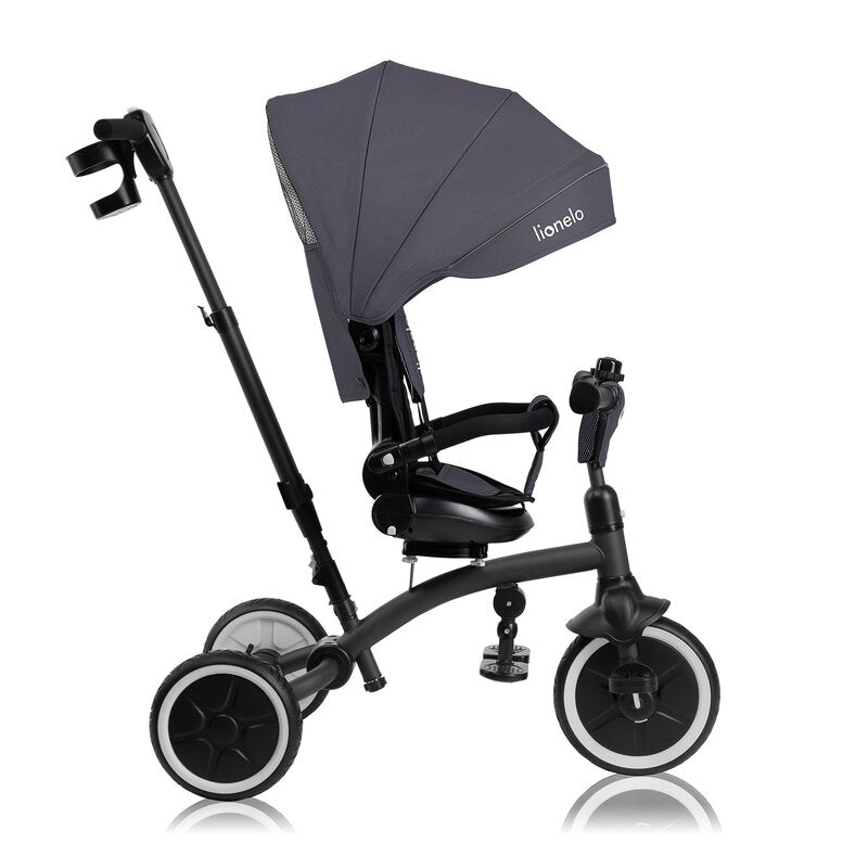 Tricicleta copii, Lionelo, Tris Plus, Ultrapliabila, Multifunctionala, Pana la 25 kg, Inclinare spatar in fata si in spate, Suport picioare, Control al directiei, Scaun reversibil, Rotire 360 grade, Conform cu EN71, 9 luni-5 ani, Gri - gogobaby.ro