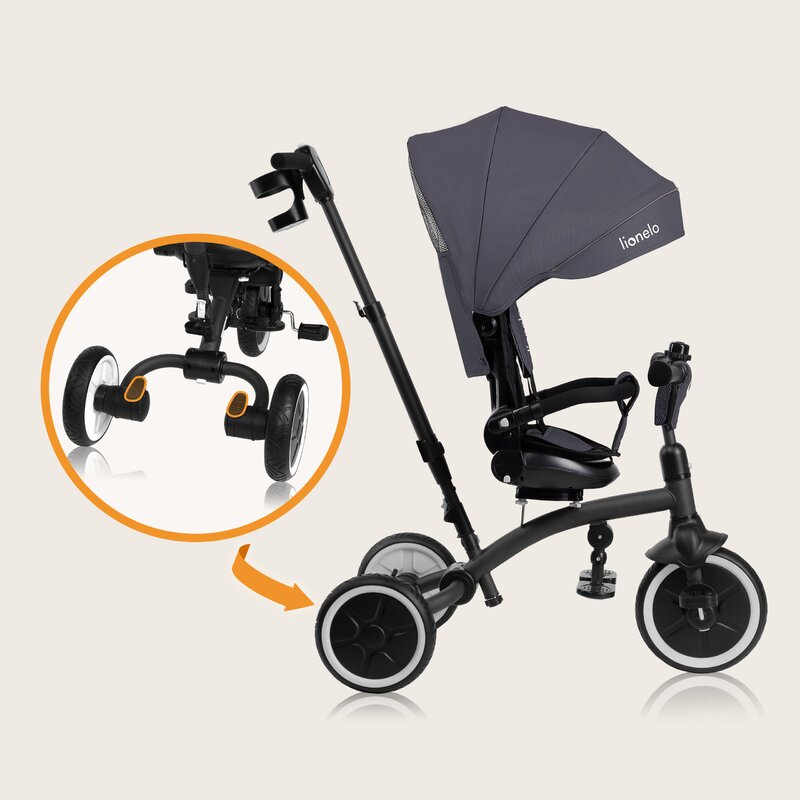 Tricicleta copii, Lionelo, Tris Plus, Ultrapliabila, Multifunctionala, Pana la 25 kg, Inclinare spatar in fata si in spate, Suport picioare, Control al directiei, Scaun reversibil, Rotire 360 grade, Conform cu EN71, 9 luni-5 ani, Gri - gogobaby.ro
