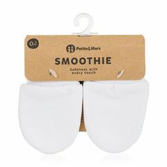Manusi pentru nou-nascuti, Petite&Mars, Smoothie, Bumbac 100%, Material moale si respirabil, Protectie impotriva zgarieturilor, Manseta lata, 2 straturi, 6 x 10 cm, 0 luni+, Alb