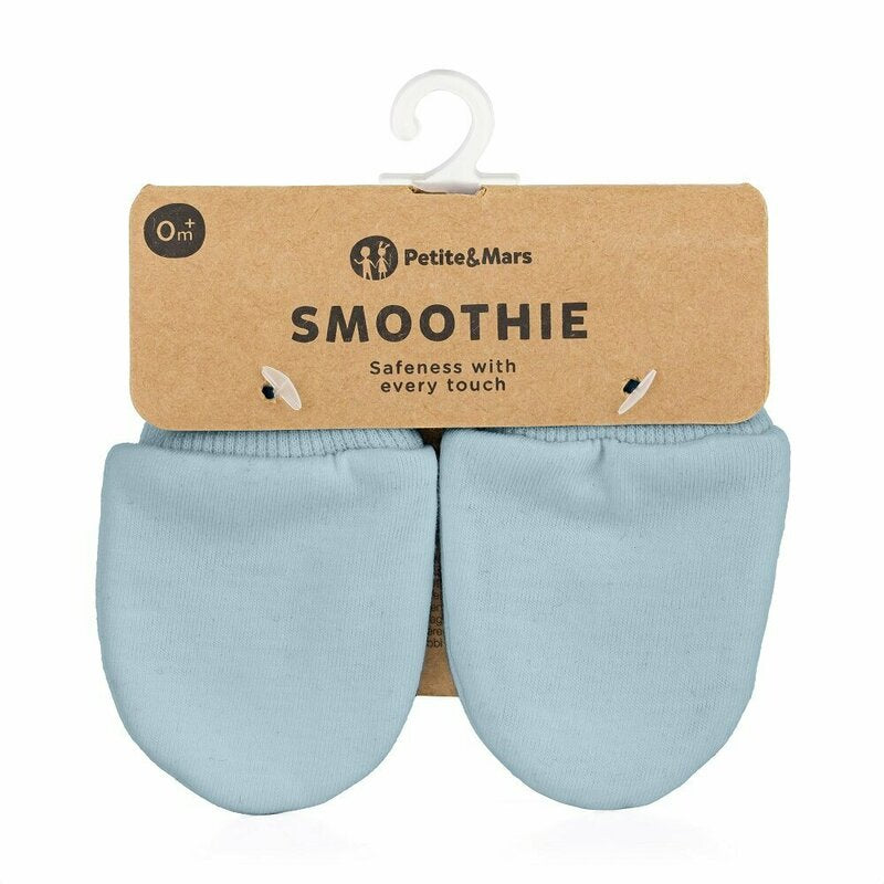 Manusi pentru nou-nascuti, Petite&Mars, Smoothie, Bumbac 100%, Material moale si respirabil, Protectie impotriva zgarieturilor, Manseta lata, 2 straturi, 6 x 10 cm, 0 luni+, Albastru