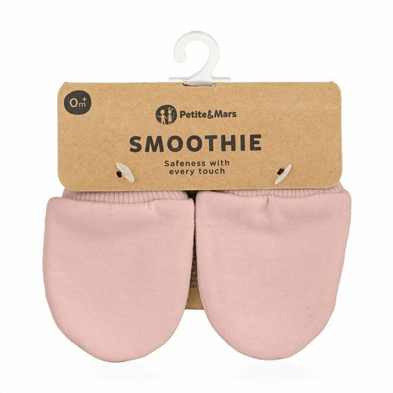 Manusi pentru nou-nascuti, Petite&Mars, Smoothie, Bumbac 100%, Material moale si respirabil, Protectie impotriva zgarieturilor, Manseta lata, 2 straturi, 6 x 10 cm, 0 luni+, Roz