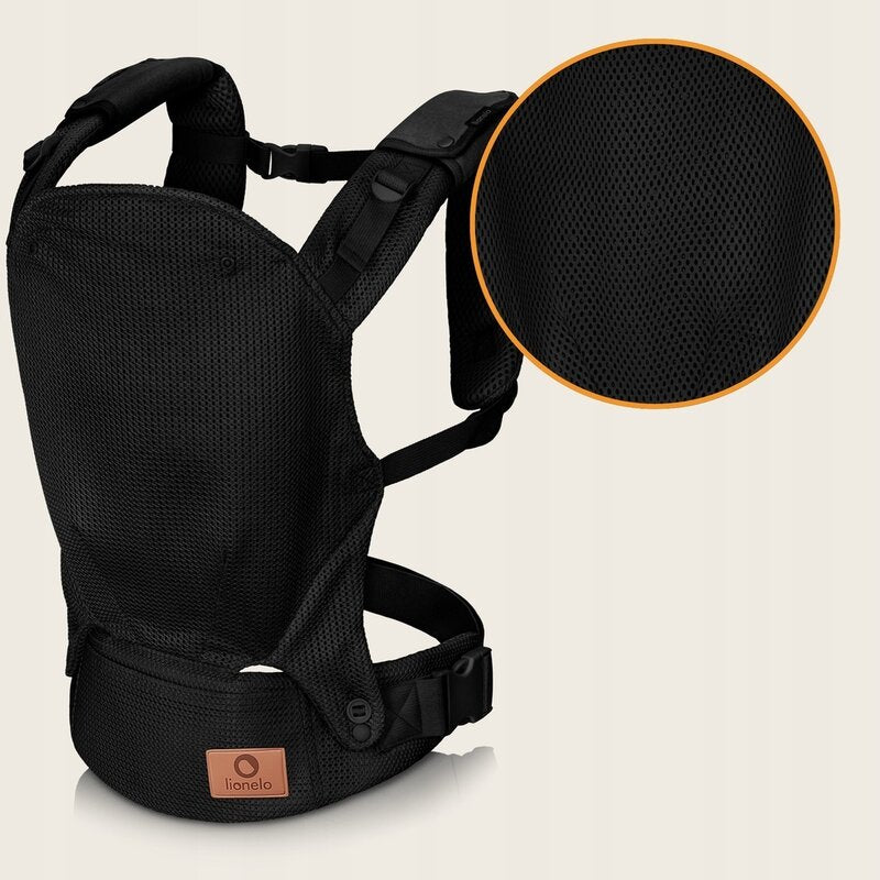 Marsupiu ergonomic, Lionelo, Margareet Air, 3 pozitii de purtare, Certificat de Institutul International pentru Displazie de Sold, 4 luni+, Pana la 20 Kg, Material respirabil 3D Air Mesh, Catarama dubla de siguranta, Negru