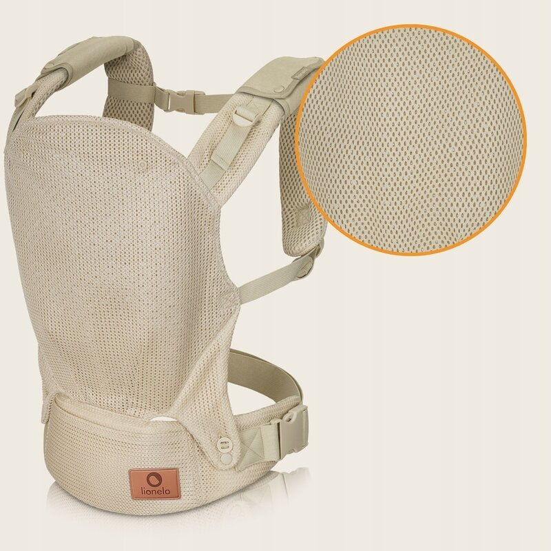 Marsupiu ergonomic, Lionelo, Margareet Air, 3 pozitii de purtare, Certificat de Institutul International pentru Displazie de Sold, 4 luni+, Pana la 20 Kg, Material respirabil 3D Air Mesh, Catarama dubla de siguranta, Bej