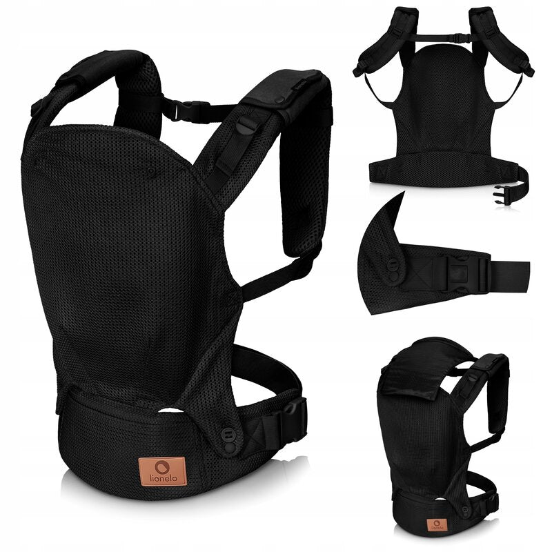 Marsupiu ergonomic, Lionelo, Margareet Air, 3 pozitii de purtare, Certificat de Institutul International pentru Displazie de Sold, 4 luni+, Pana la 20 Kg, Material respirabil 3D Air Mesh, Catarama dubla de siguranta, Negru