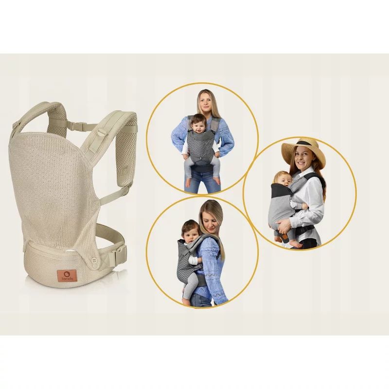 Marsupiu ergonomic, Lionelo, Margareet Air, 3 pozitii de purtare, Certificat de Institutul International pentru Displazie de Sold, 4 luni+, Pana la 20 Kg, Material respirabil 3D Air Mesh, Catarama dubla de siguranta, Bej