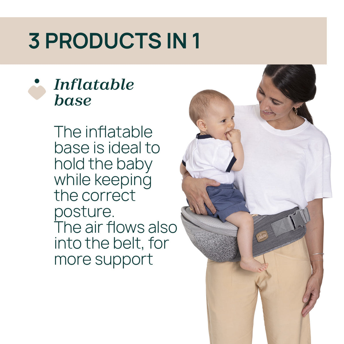 Marsupiu ergonomic multifunctional Chicco Airy Hip Fit 3 in 1, Pebble (Gri), 0 luni+ - gogobaby.ro