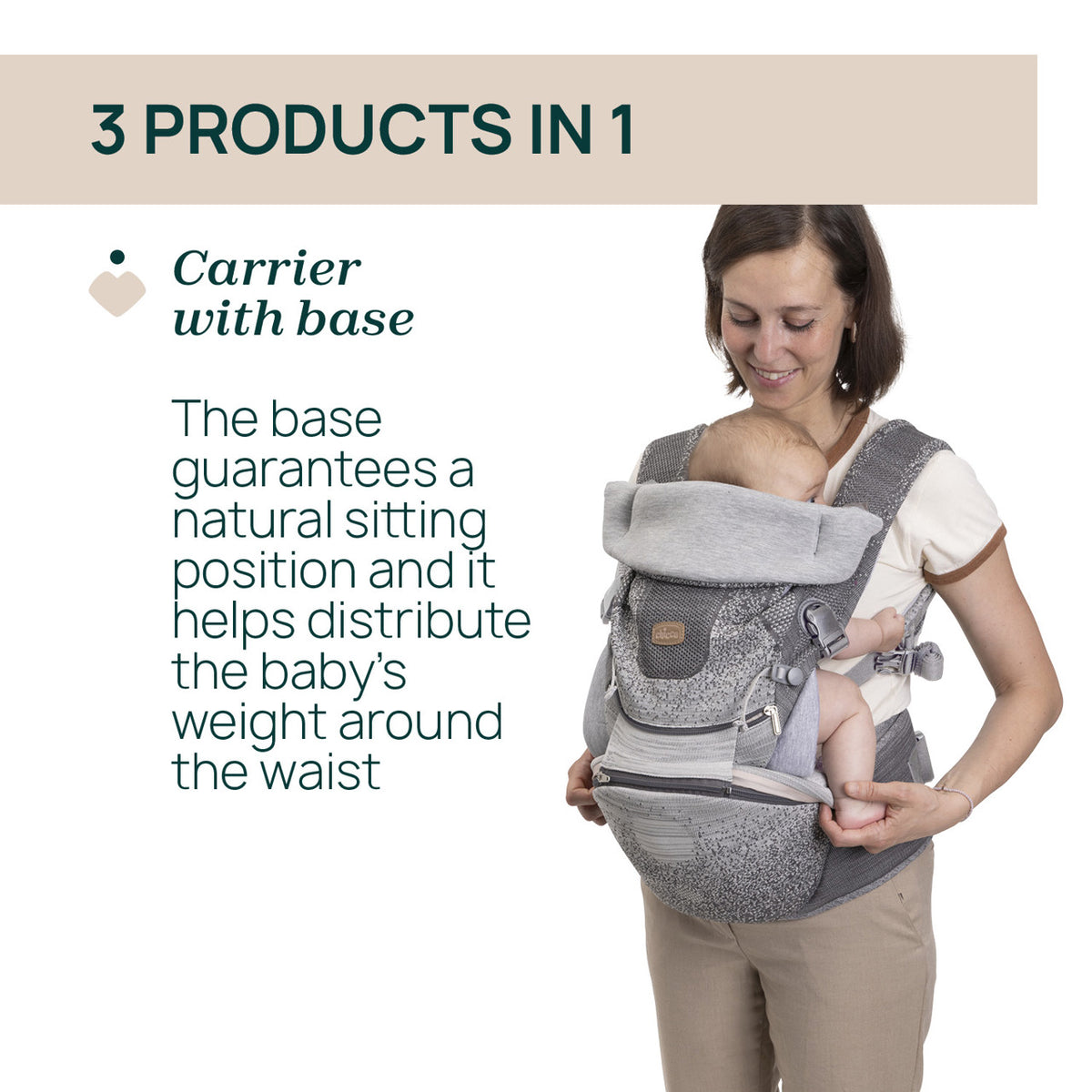 Marsupiu ergonomic multifunctional Chicco Airy Hip Fit 3 in 1, Pebble (Gri), 0 luni+ - gogobaby.ro