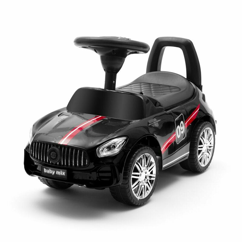 Masinuta de impins, Baby Mix, Racer, Pana la 25 kg, Cu volan, Cu sunete, Cu suport jucarii sub sezut si spatar confortabil, 12 luni+, Black