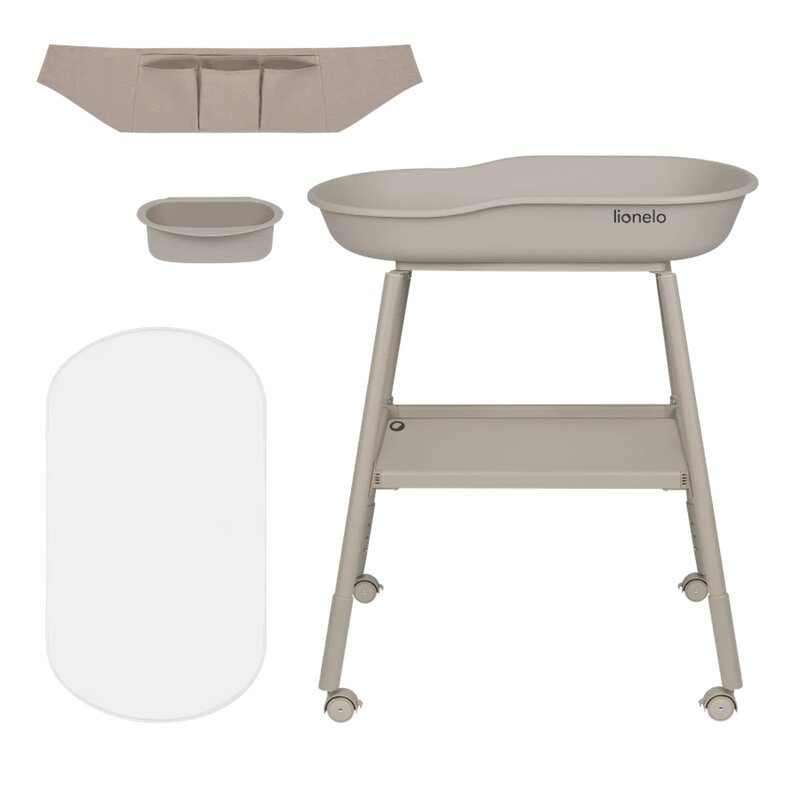 Masuta de infasat, Lionelo, Rosie, Cu saltea de infasat inclusa si roti, Spatiu pentru depozitare, Reglabila pe inaltime, Sustine 11 kg, 65x78x100 cm, 0 luni+, Bej