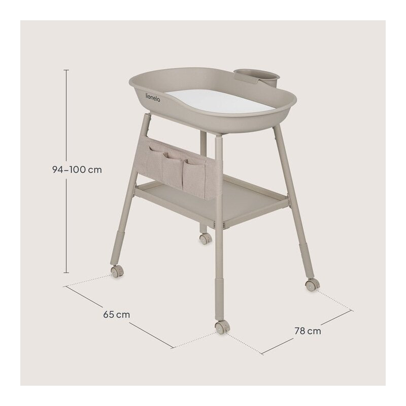 Masuta de infasat, Lionelo, Rosie, Cu saltea de infasat inclusa si roti, Spatiu pentru depozitare, Reglabila pe inaltime, Sustine 11 kg, 65x78x100 cm, 0 luni+, Bej