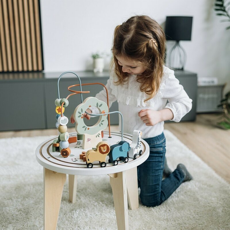 Masuta Montessori cu activitati, Free2Play, Cu multiple activitati, Dezvolta coordonarea ochi-mana, Din lemn, 18 luni+, Think and Play