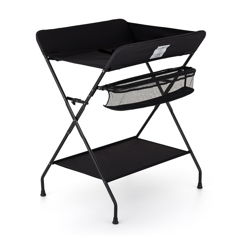 Masuta pentru infasat si schimbat scutece, Feedo, Multifunctionala, Pliabila, Cu raft pentru depozitare si compartiment lateral, Realizata din fier, panza si in, 80.5 x 67 x 102.5 cm, Negru