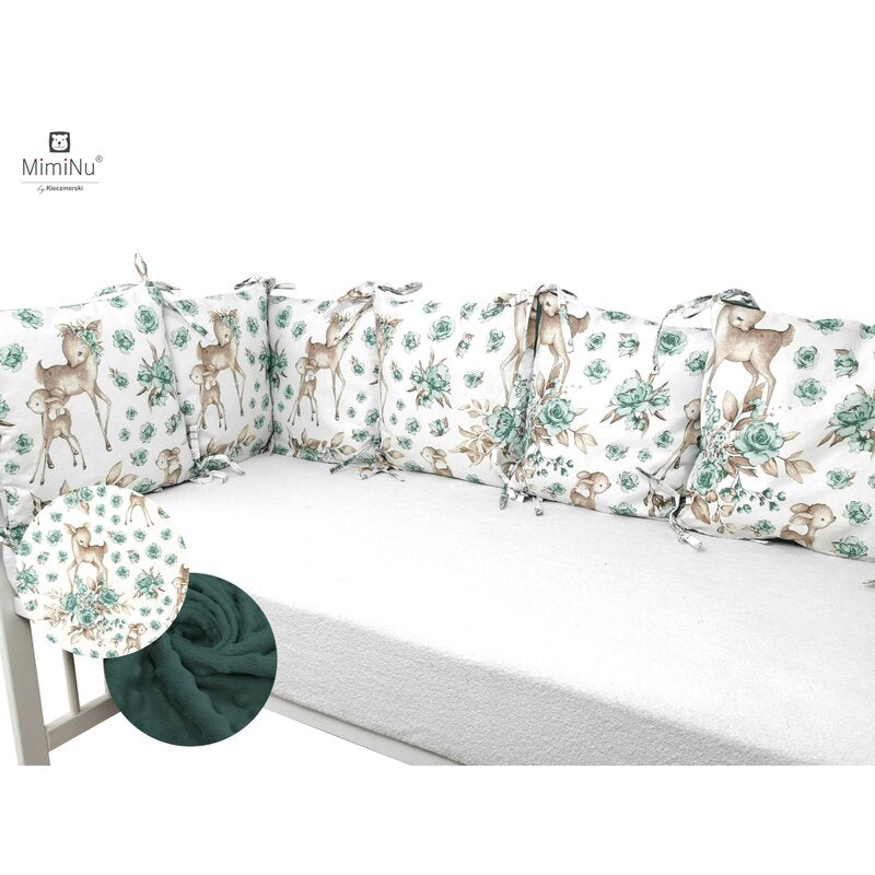 Aparatoare pentru patut, MimiNu, Cu 6 pernute, Cu fermoar, Cu husa lavabila, Pentru patut 120X60 cm, Din bumbac si tesatura pufoasa Minky, Materiale certificate Oeko Tex Standard 100, Minky Sweet Deer Mint - gogobaby.ro