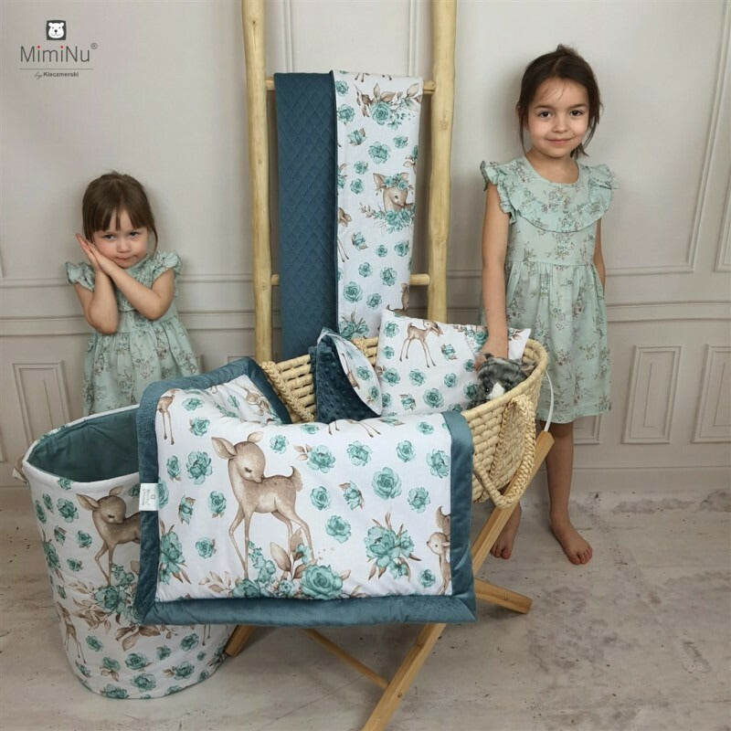 Aparatoare pentru patut, MimiNu, Cu 6 pernute, Cu fermoar, Cu husa lavabila, Pentru patut 120X60 cm, Din bumbac si tesatura pufoasa Minky, Materiale certificate Oeko Tex Standard 100, Minky Sweet Deer Mint - gogobaby.ro