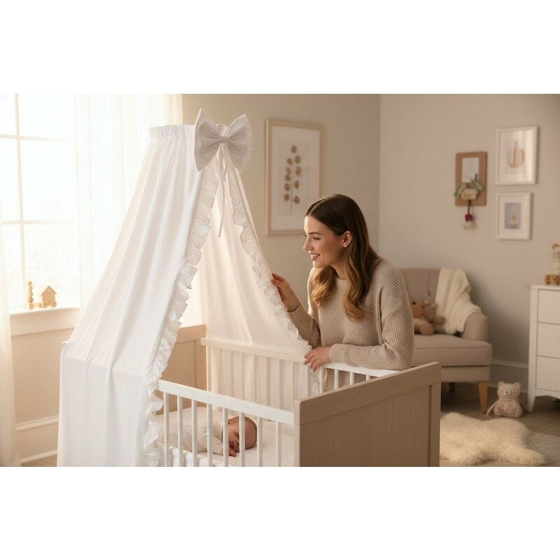 Baldachin, MimiNu, Din tull, pentru patut, cu funda si volan, 210x145 cm, Material certificat Oeko Tex Standard 100, Alb