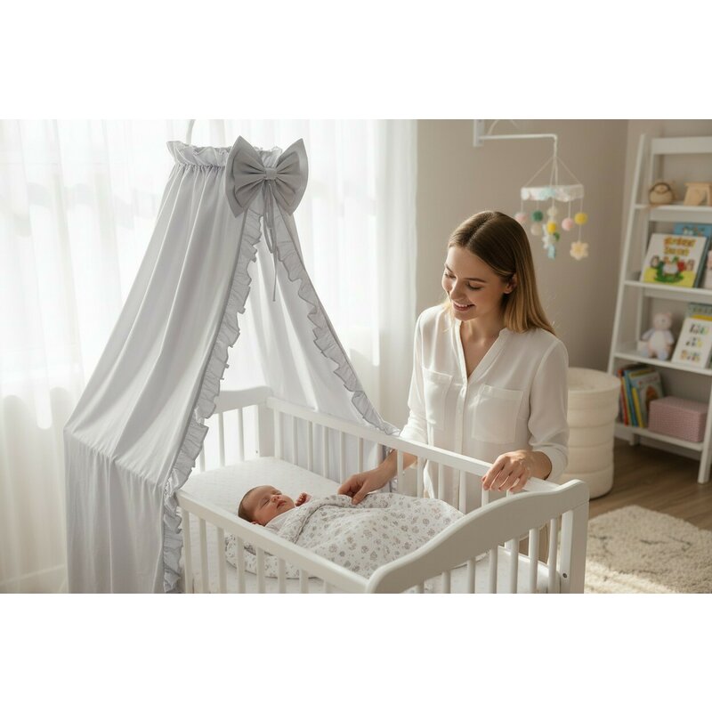 Baldachin, MimiNu, Pentru patut, Cu funda si volanas, 210x145 cm, Material certificat Oeko Tex Standard 100, Colectia Royal, Grey