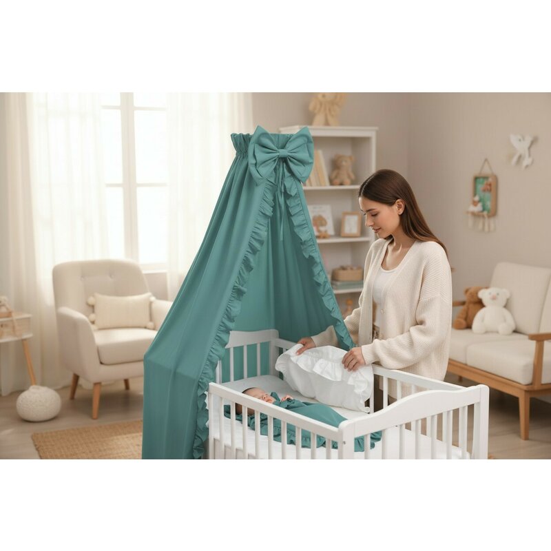 Baldachin, MimiNu, Pentru patut, Cu funda si volanas, 210x145 cm, Material certificat Oeko Tex Standard 100, Colectia Royal, Nepal Green