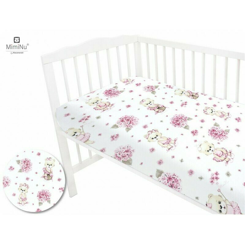 Cearceaf cu elastic, MimiNu, Pentru pat 160x80 cm, Din bumbac certificat Oeko Tex Standard 100, Design, Pink Ballerina