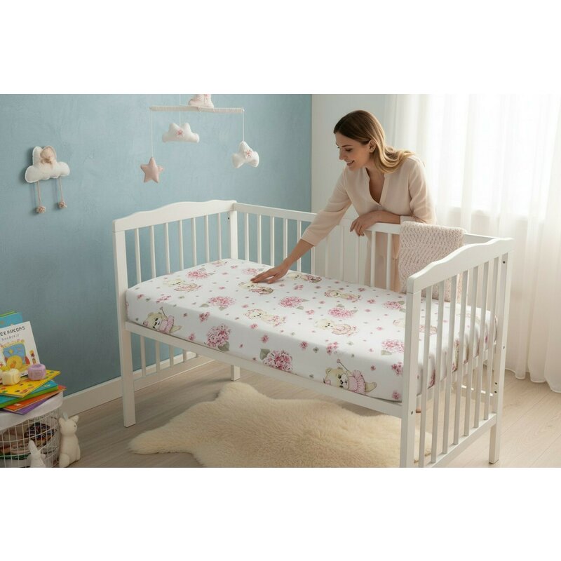 Cearceaf cu elastic, MimiNu, Pentru pat 160x80 cm, Din bumbac certificat Oeko Tex Standard 100, Design, Pink Ballerina