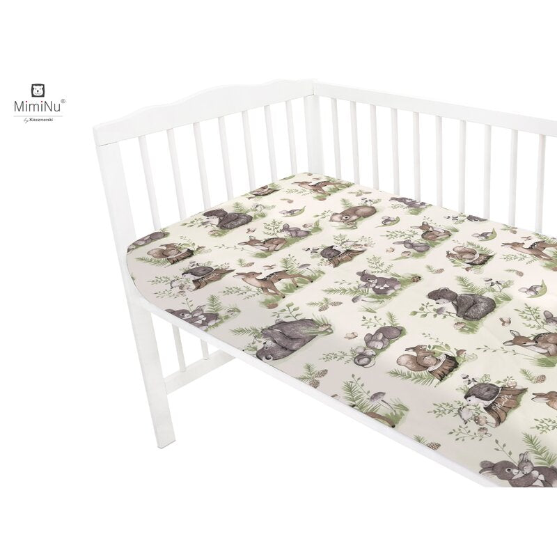 Cearceaf cu elastic, MimiNu, Pentru patut 120X60 cm, Din bumbac certificat Oeko Tex Standard 100, Design, Calm Forest Natural