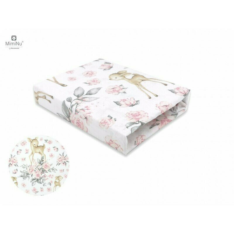 Cearceaf cu elastic, MimiNu, Pentru patut co-sleeper, Theo, Dimensiune 85 x 46 cm, Din bumbac certificat Oeko Tex Standard 100, Sweet Deer Pink