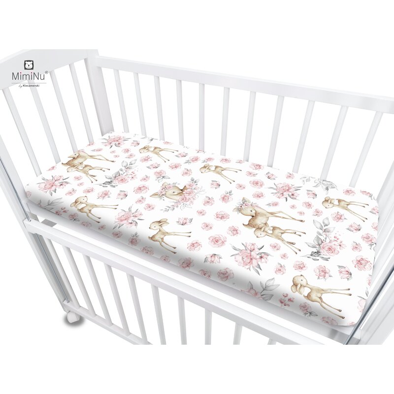Cearceaf cu elastic, MimiNu, Pentru patut co-sleeper, Timon, Dimensiune 87 x 51 cm, Din bumbac certificat Oeko Tex Standard 100, Sweet Deer Pink