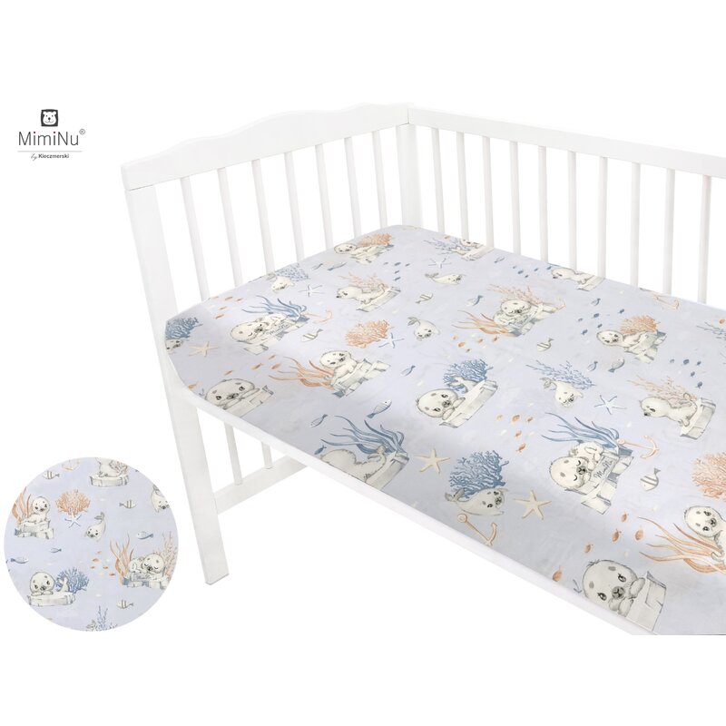 Cearceaf cu elastic, MimiNu, Pentru patut leagan sau patut co-sleeper, Dimensiune 90x40 cm, Din bumbac certificat Oeko Tex Standard 100, Design, Seal Blue - gogobaby.ro