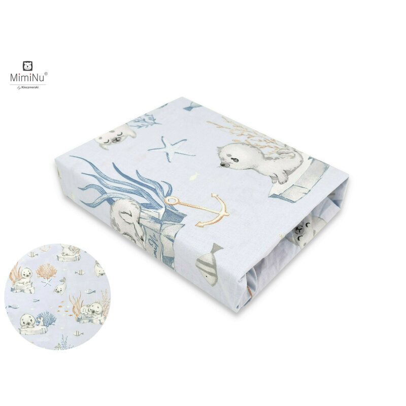 Cearceaf cu elastic, MimiNu, Pentru patut leagan sau patut co-sleeper, Dimensiune 90x40 cm, Din bumbac certificat Oeko Tex Standard 100, Design, Seal Blue - gogobaby.ro