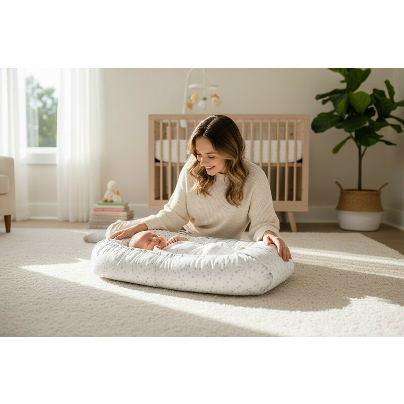 Cosulet bebelus, MimiNu, Pentru dormit, Baby Cocoon 75x55 cm, Husa 100% bumbac, Din bumbac certificat Oeko Tex Standard 100, Mini Gray Stars