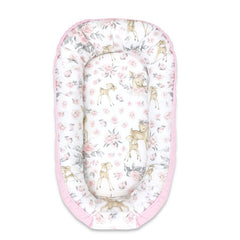 Cosulet bebelus, MimiNu, Pentru dormit, Cu doua fete, Baby Nest 105x66 cm, Husa 100% bumbac si catifea moale, Materiale certificate Oeko Tex Standard 100, Cu salteluta, Detasabila, Velvet Sweet Deer Pink