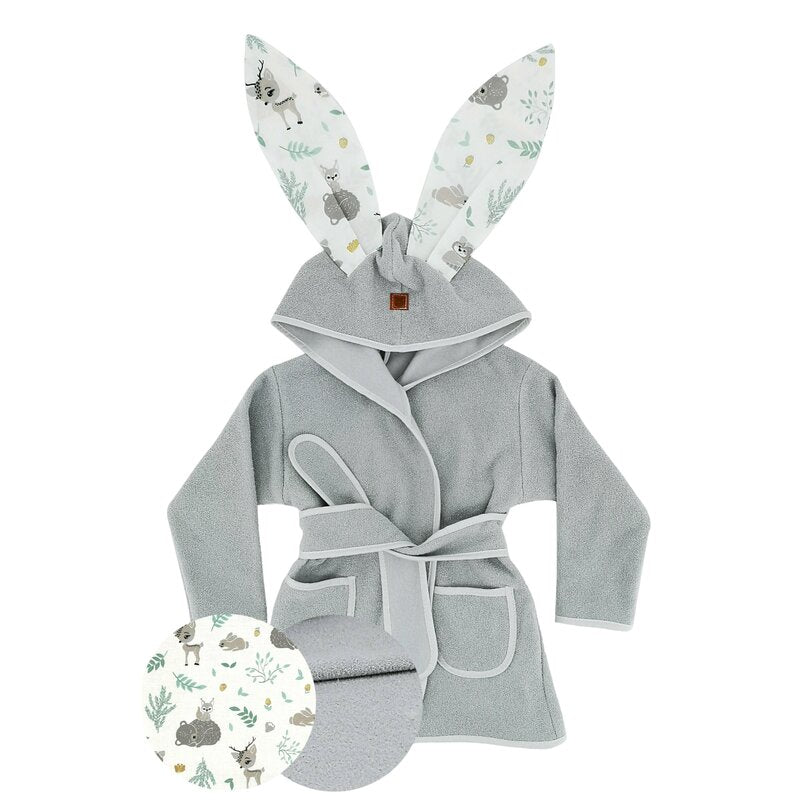Halat de baie, MimiNu, Cu urechi, 2 - 5 ani, Moale, Cu buzunare, Cu cordon, Din bumbac si thermo fleece, Materiale certificate Oeko Tex Standard 100, Forest Friends Mint - gogobaby.ro
