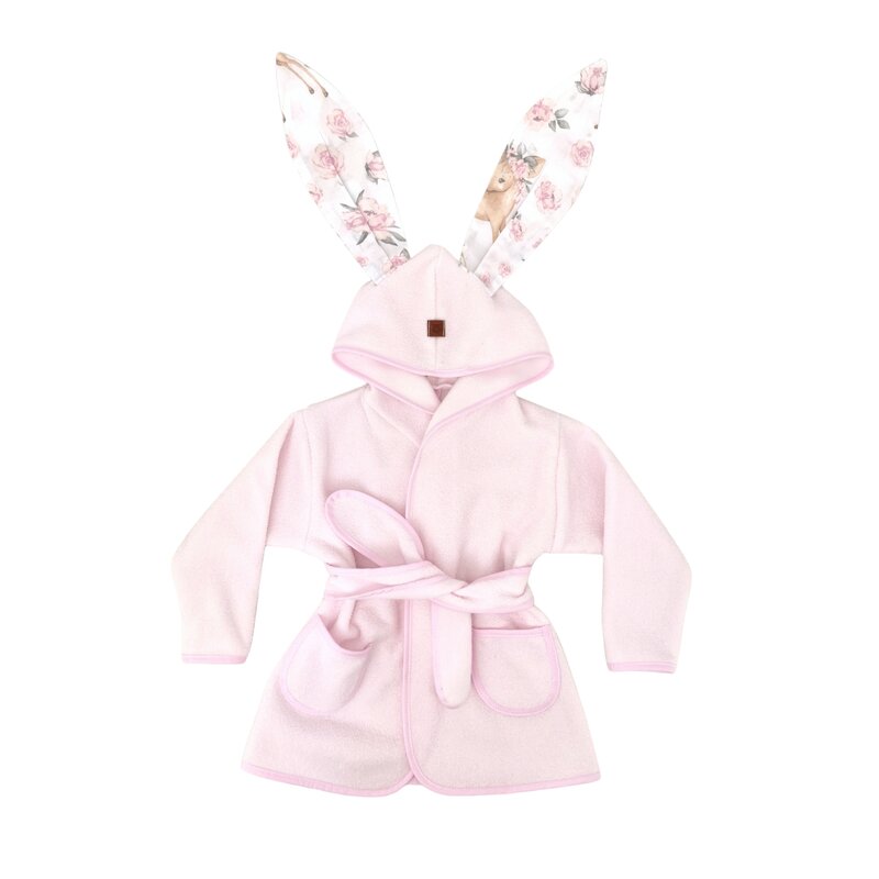 Halat de baie, MimiNu, Cu urechi, 2 - 5 ani, Moale, Cu buzunare, Cu cordon, Din bumbac si thermo fleece, Materiale certificate Oeko Tex Standard 100, Sweet Deer Pink